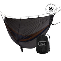 Black camping hammock with integrated brown and navy bug net