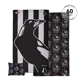 Collingwood Magpies black and white striped beach towel with magpie logo and repeating crest pattern, shown flat with matchin