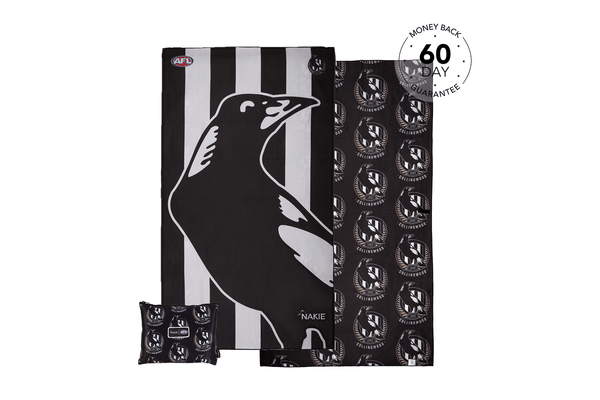 Collingwood Magpies black and white striped beach towel with magpie logo and repeating crest pattern, shown flat with matchin