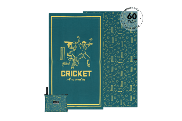 Teal and gold Cricket Australia beach towel with vintage player illustration, gold border, and cricket-themed pattern