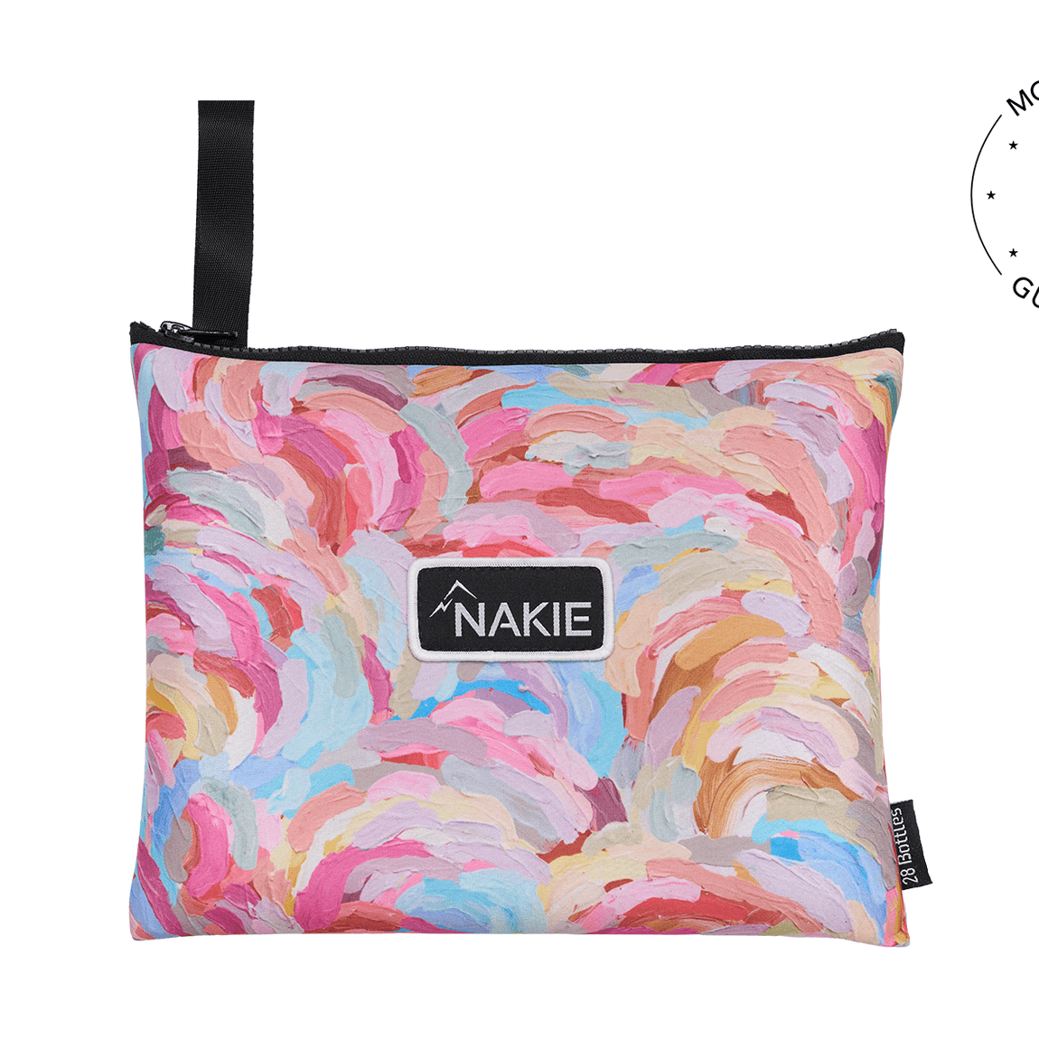 Colorful abstract brush stroke print recycled beach towel with black carry handle and Nakie logo label
