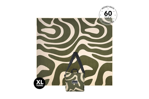 XL beach towel in eucalyptus green with cream abstract wave pattern