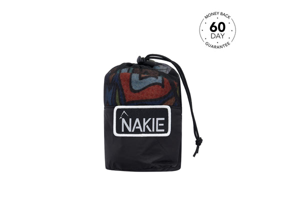 Black mesh gym towel bag with multicolour abstract pattern and NAKIE logo patch, drawstring closure