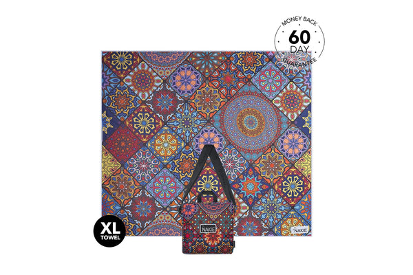 XL recycled sand-free beach towel with vibrant multicolored mandala pattern in blue, red