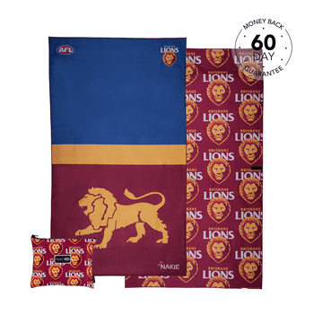 Brisbane Lions maroon and blue striped beach towel with gold lion logo and repeated team branding pattern, shown with matchin