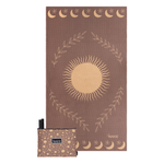 Brown recycled beach towel with cream sun, moons, stars, and leaf wreath design, shown with matching pouch. preview #4