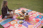 Colorful retro-print recycled picnic blanket with beach-themed motifs in pink, blue preview #5