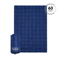 Studio shot of Nakie's Deep Ocean Blue puffy blanket, showcasing its cozy warmth and eco-friendly design