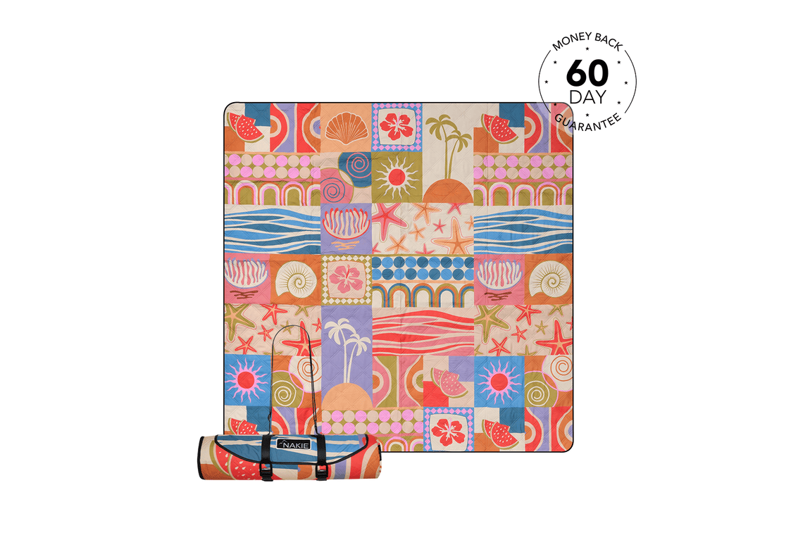 Retro Shores recycled picnic blanket with colorful patchwork print featuring watermelons, starfish, palm trees