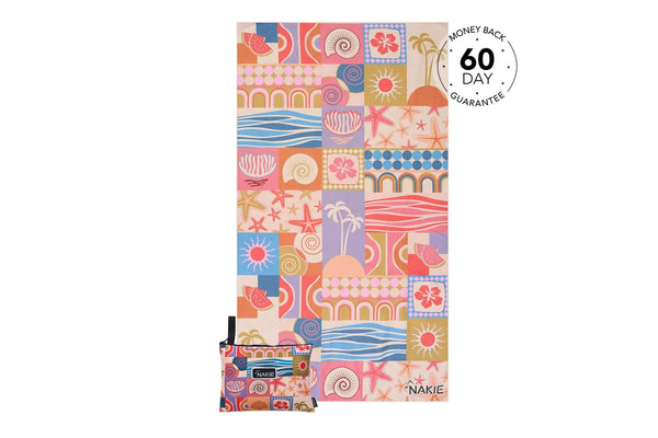 Retro Shores recycled sand-free beach towel with colorful patchwork design featuring tropical motifs, starfish