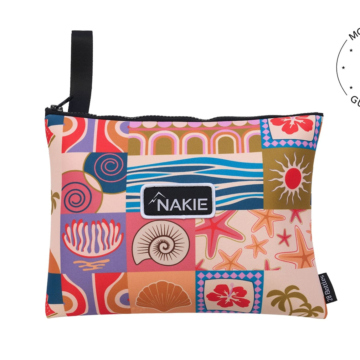 Retro Shores beach towel with colorful patchwork print featuring shells, starfish, and tropical motifs