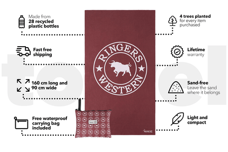 Burgundy Ringers Western beach towel with white bull logo and matching patterned carrying pouch