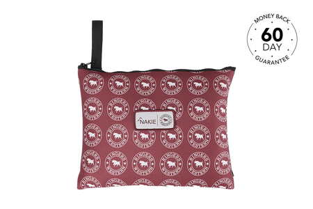 Burgundy recycled sand-free beach towel with Ringers Western logo pattern and black handles.