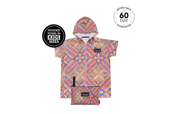 Kids hooded towel in multicolored geometric print with short sleeves and front pocket, flat lay view.