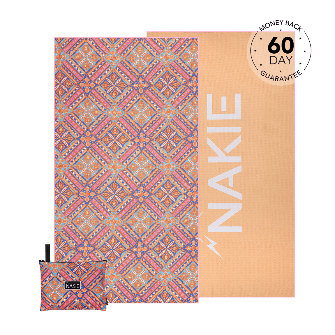 Rosy Tides recycled sand-free beach towel with geometric diamond pattern in coral