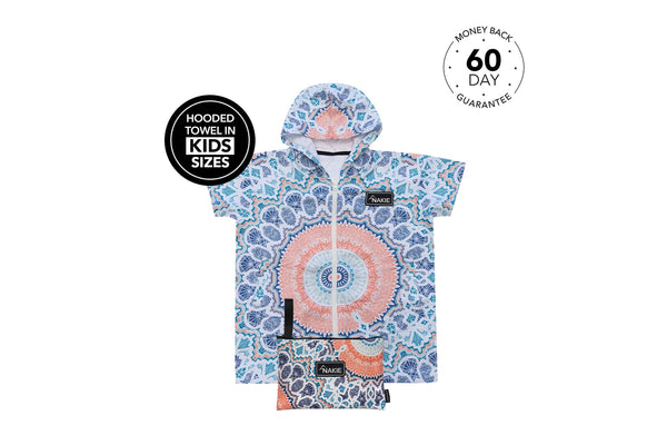 Kids hooded towel with blue and coral geometric mandala print, short sleeves, front zip, sand-free recycled material.