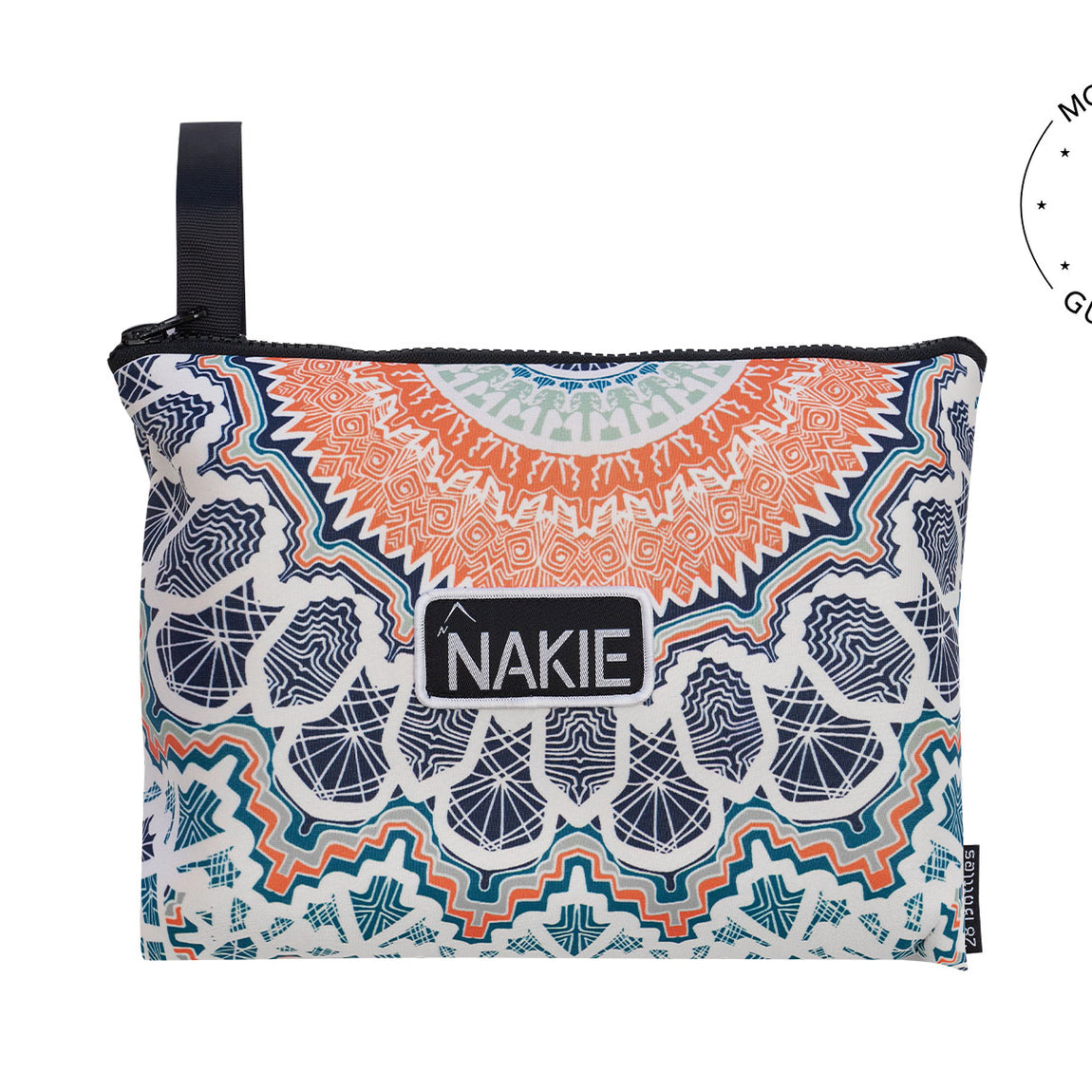 NAKIE sand-free beach towel with orange, navy and teal geometric mandala pattern, black carry handle, front view