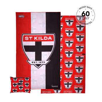 St Kilda Saints AFL beach towel in red, black and white stripes with club crest and logo, displayed with matching cushion and