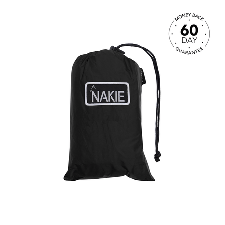 Studio shot showcasing Nakie's black tarp, emphasizing its rugged and weather-resistant design for outdoor adventures